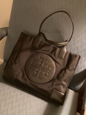 TORY BURCH ELLA TOTE Black Logo Nylon Tote